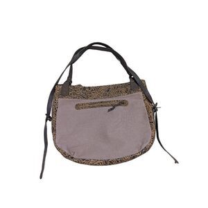 Sahalie Womens Brown Geometric Pattern Tooled Leather Canvas Convertible Handbag